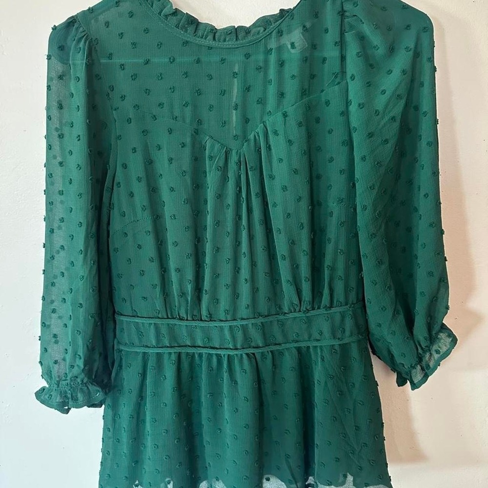 Monteau Los Angeles green polka‎ dot blouse with lace trim, size M